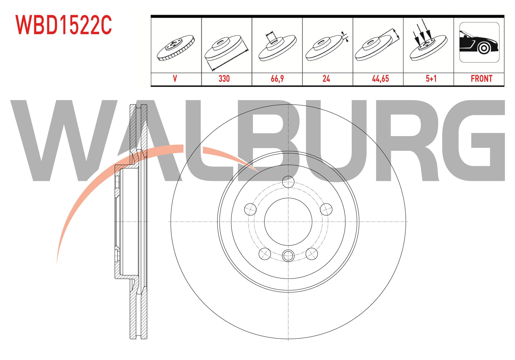 WALBURG WBD1522C | Fren Diski Ön Havalı Kaplamalı 5 Bjn 330X24x66,9X45,4 BMW X1 (F48) 2.0 D-2.0İ 2014-/ 2 Serisi (F45) 220 D 2014-| 2 Adet